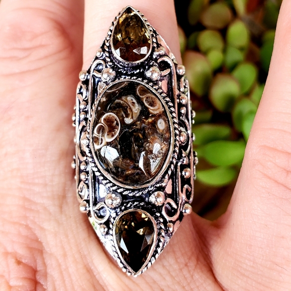 New Turtella Agate Fossil & Smoky Quartz 925 Silver Statement Ring. - Picture 10 of 13
